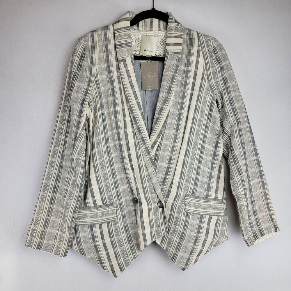 Anthropologie Elevenses Wms Size Small Grey Lace Striped Plaid Jacket Blazer NWT